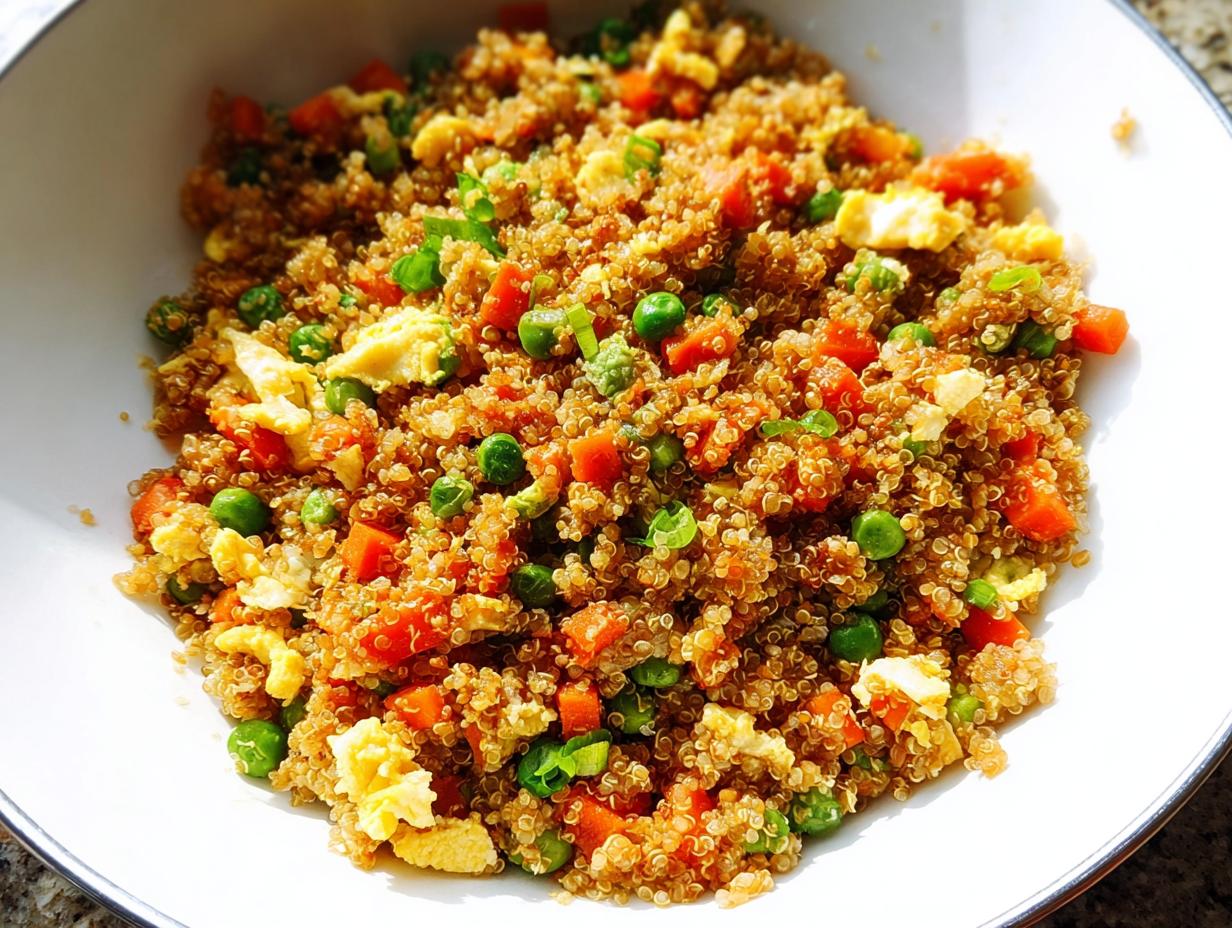 Close-up of a white bowl filled with healthy Vegetable Quinoa Fried Rice, mixed with peas, carrots, and scrambled egg pieces.