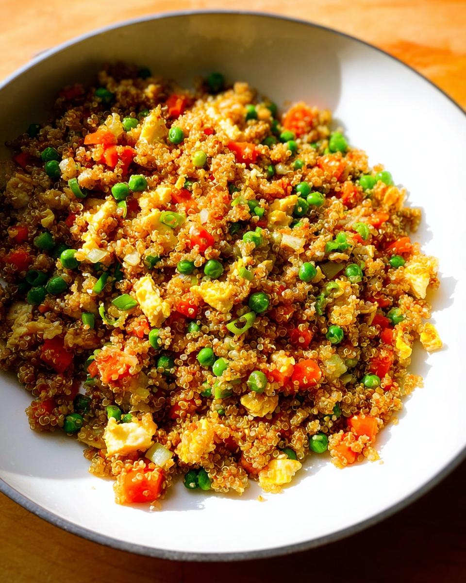 A close-up shot of vibrant Vegetable Quinoa Fried Rice mixed with peas, carrots, and scrambled egg pieces in a white bowl.