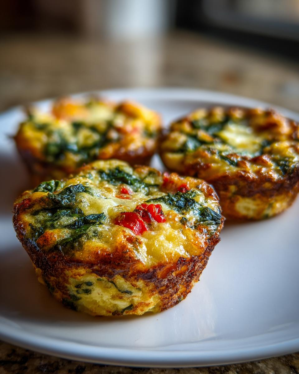 Three golden brown Veggie-Loaded Egg Muffins topped with spinach and red peppers, resting on a white plate.