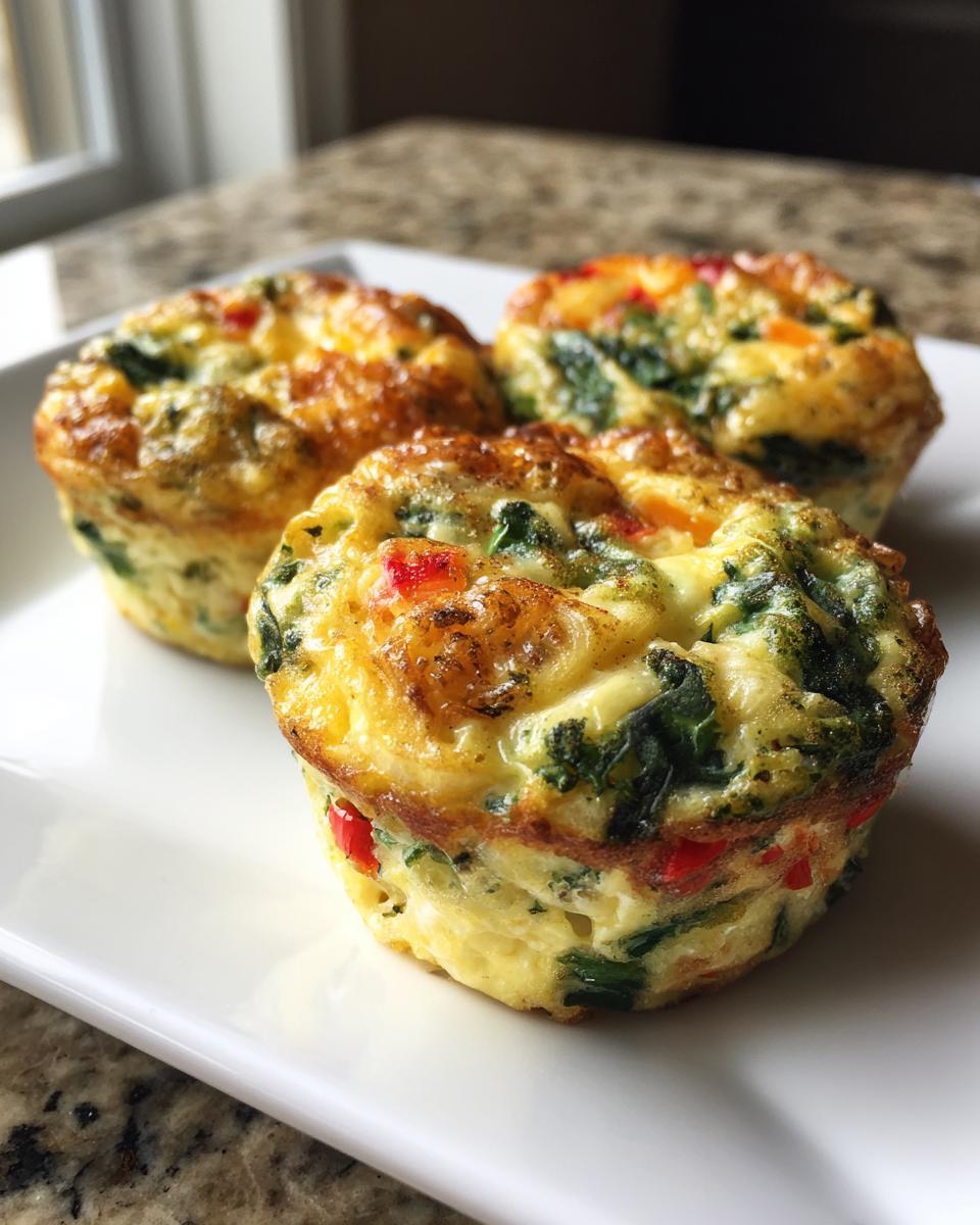 Three golden-brown Veggie-Loaded Egg Muffins packed with spinach and red peppers, served on a white plate.