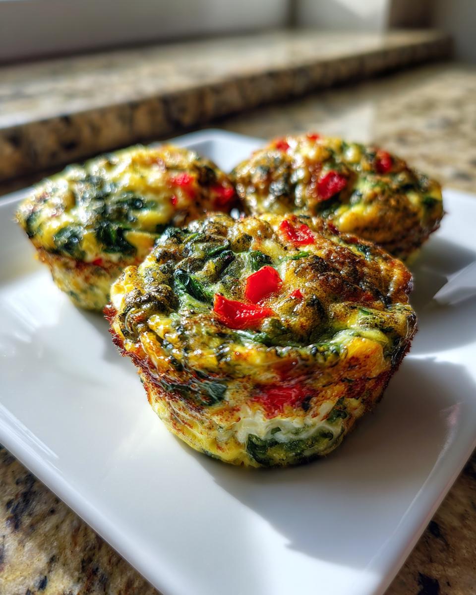 Three freshly baked Veggie-Loaded Egg Muffins featuring spinach and red peppers, served on a white plate.