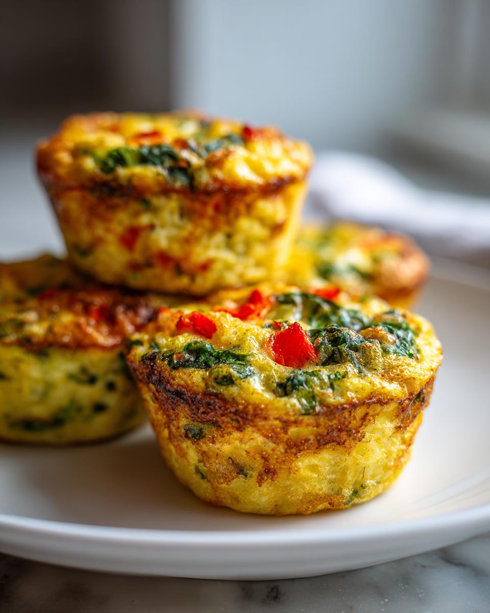 A stack of golden-brown Veggie-Loaded Egg Muffins filled with visible spinach and red peppers on a white plate.