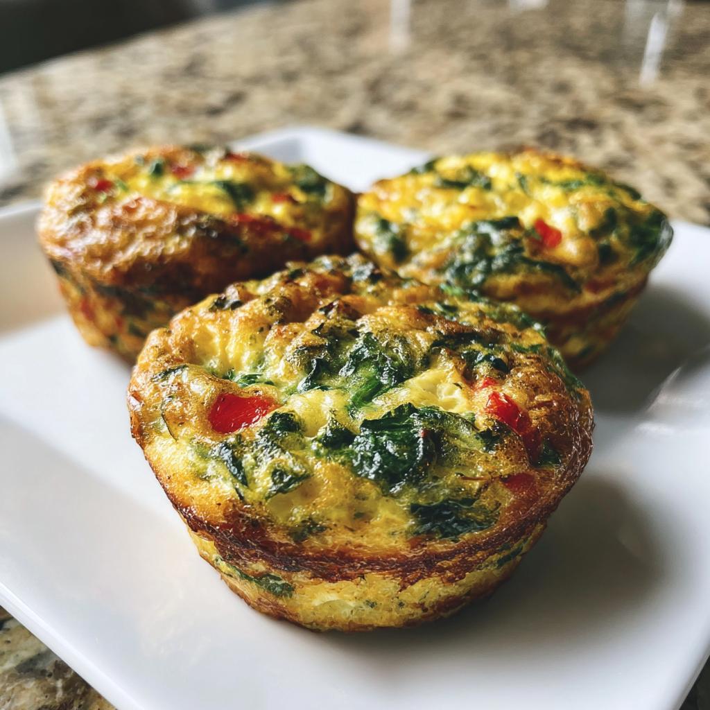 Three golden-brown Veggie-Loaded Egg Muffins packed with visible green spinach and red peppers on a white plate.