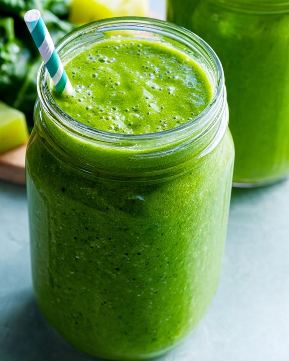Close-up of a vibrant Green Detox Smoothie in a glass jar with a striped straw.