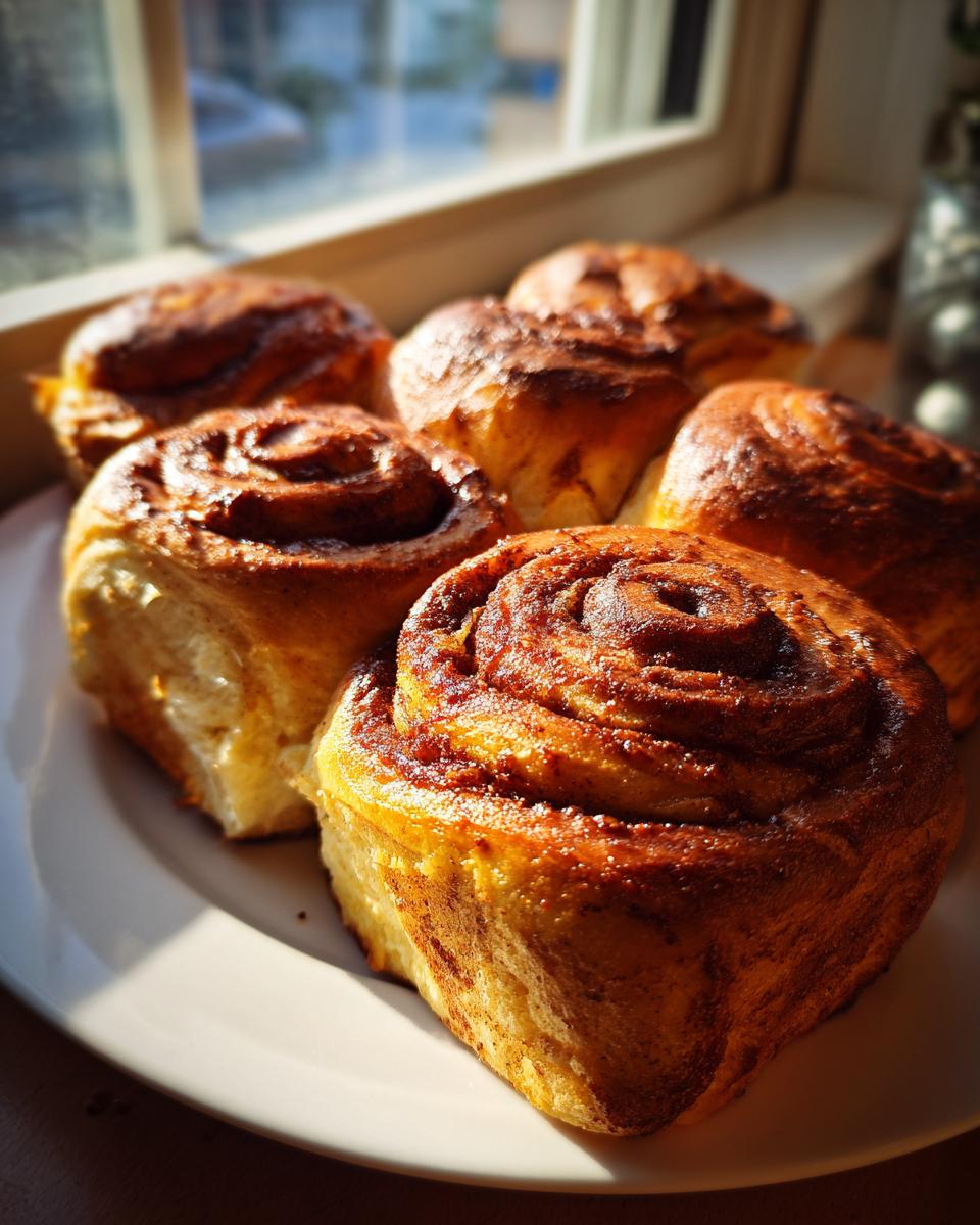 Close-up of warm, fluffy Breakfast Rolls with cinnamon swirls on a white plate, backlit by sunlight from a window.