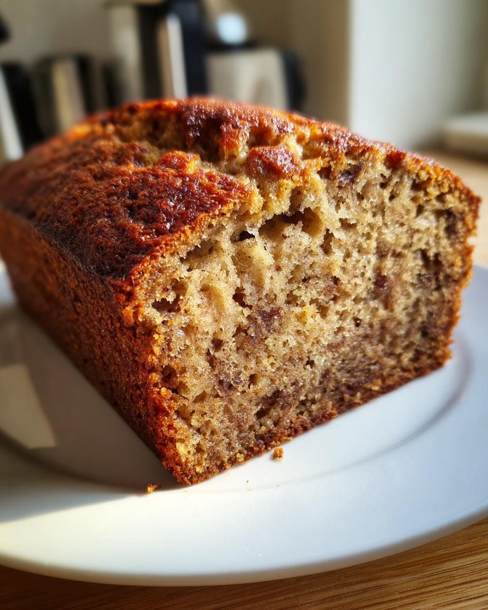 Close-up of a moist slice of the World's Best Banana Bread showing its rich, brown crust and tender crumb.