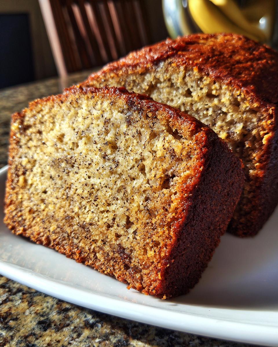 Two thick slices of moist, dark-crusted banana bread showing the speckled interior texture.