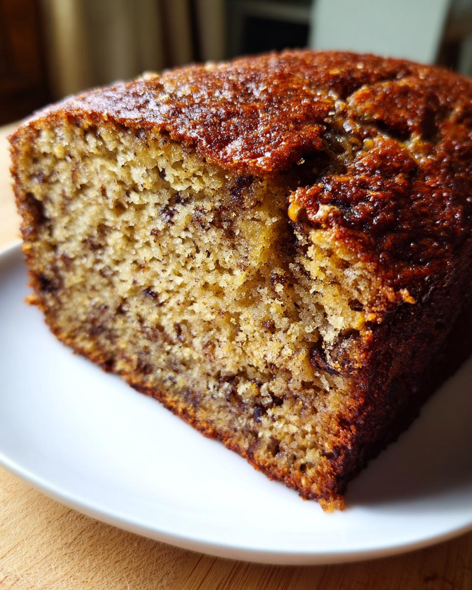 Close-up of a moist slice of World's Best Banana Bread showing its rich, dark crust and speckled interior.