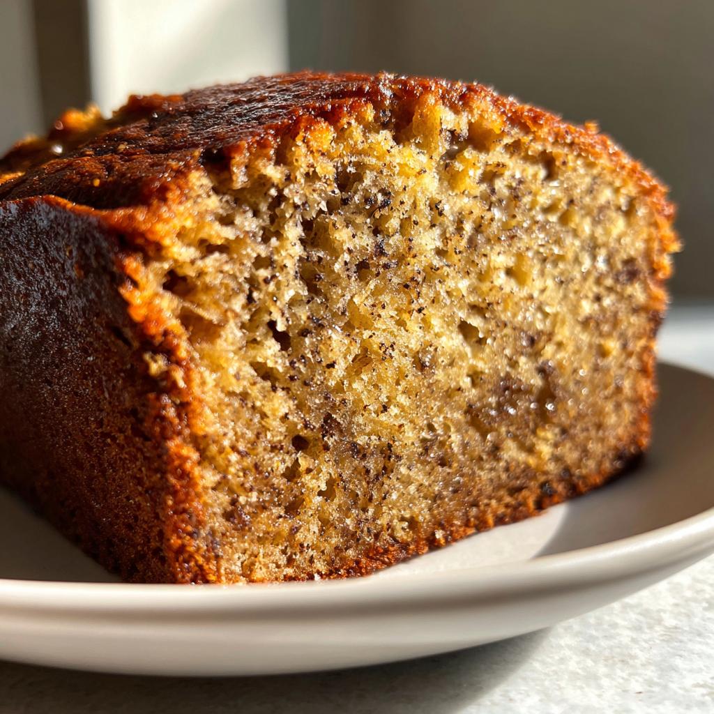 A close-up view of a moist slice of World's Best Banana Bread showing its rich texture and dark banana flecks.