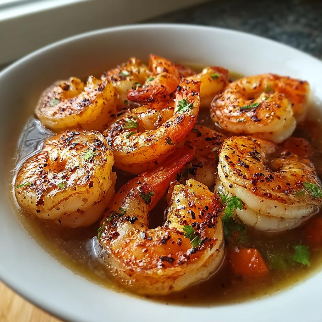 Close-up of perfectly cooked, seasoned shrimp in a savory broth, part of the 1-Pan Shrimp Recipes Recipe.