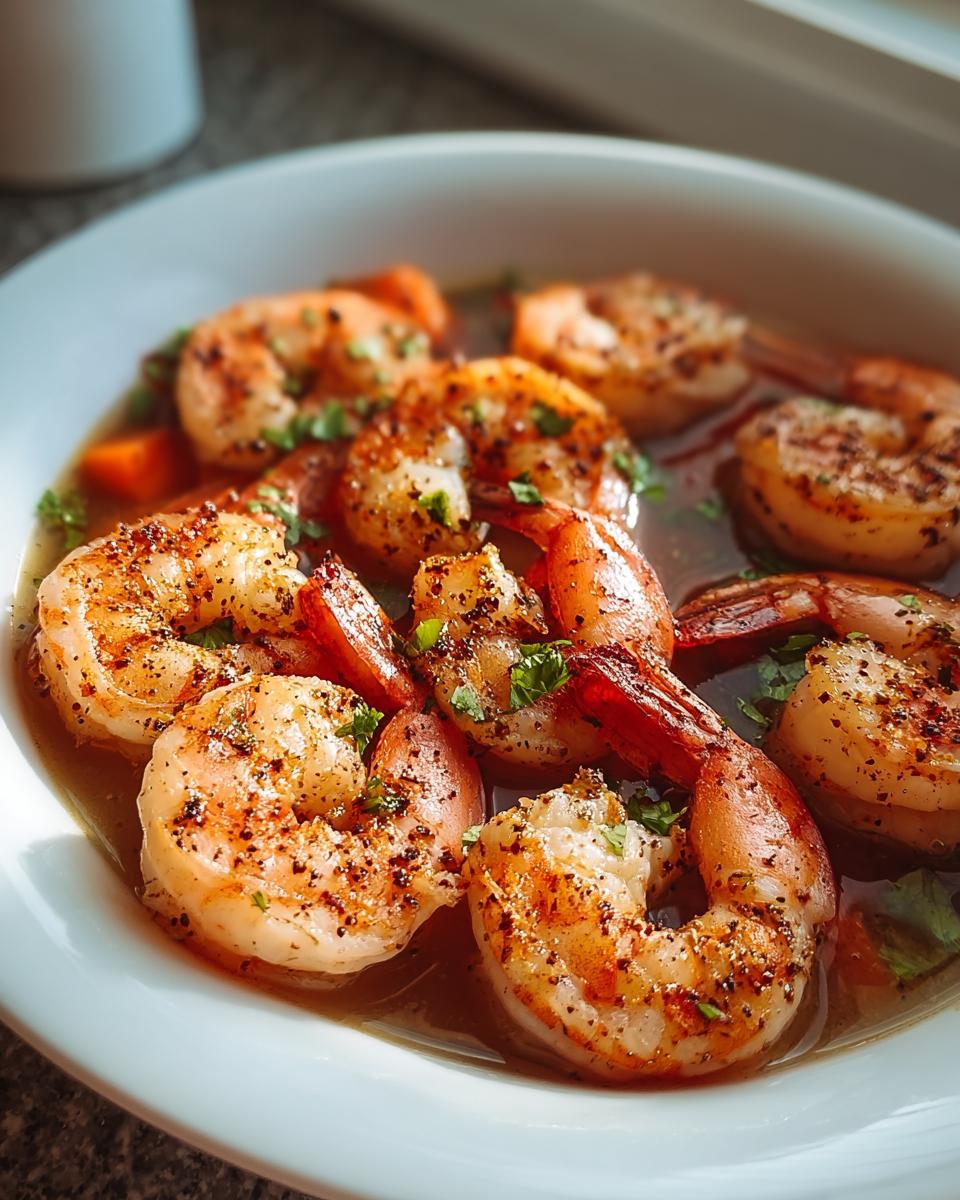 Close-up of seasoned, cooked shrimp in a white bowl with savory broth and fresh parsley, perfect for 1-Pan Shrimp Recipes Recipe.
