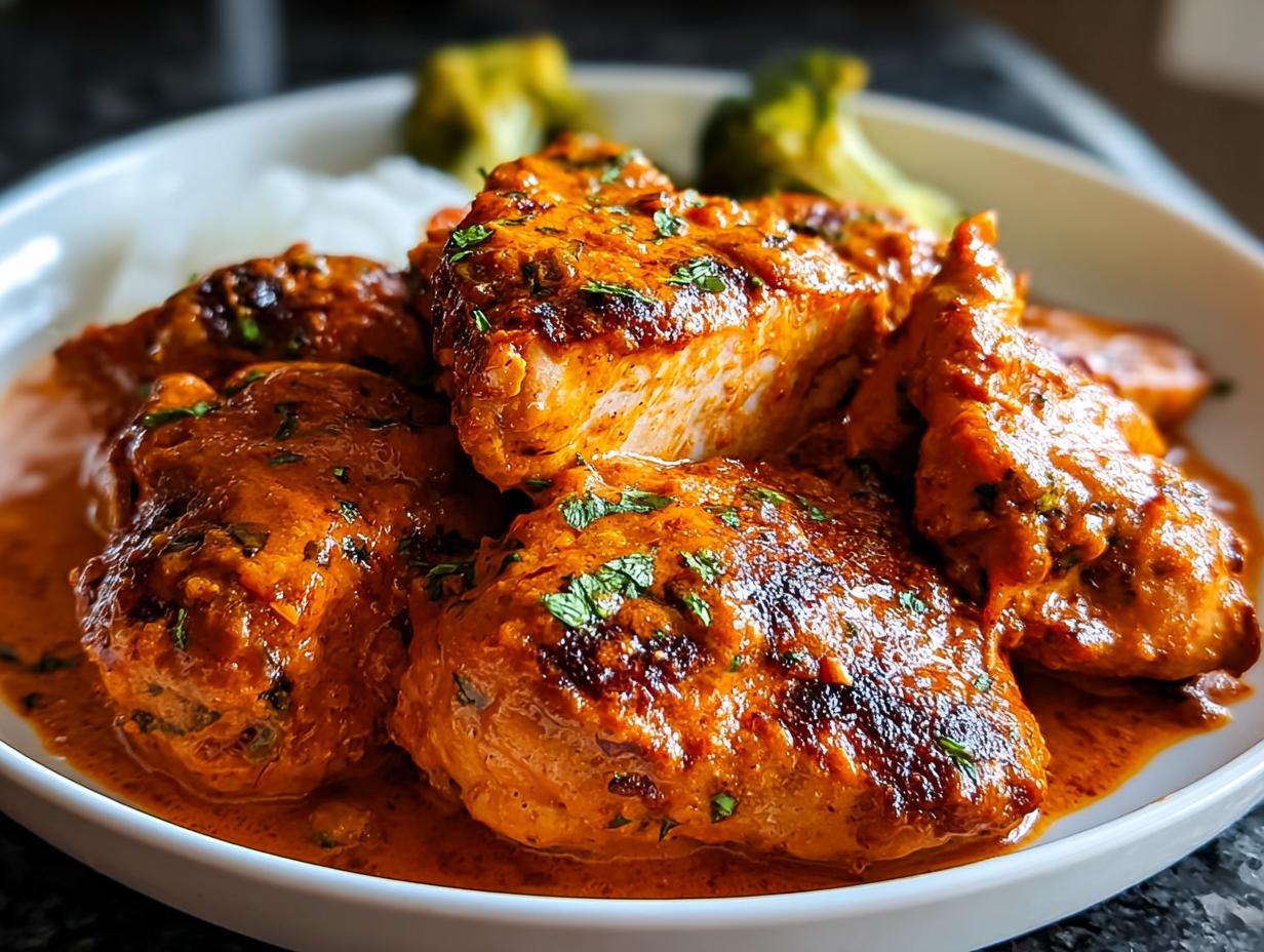Close-up of tender chicken pieces coated in a rich, orange-red sauce, part of 10-Ingredient Chicken Recipes.