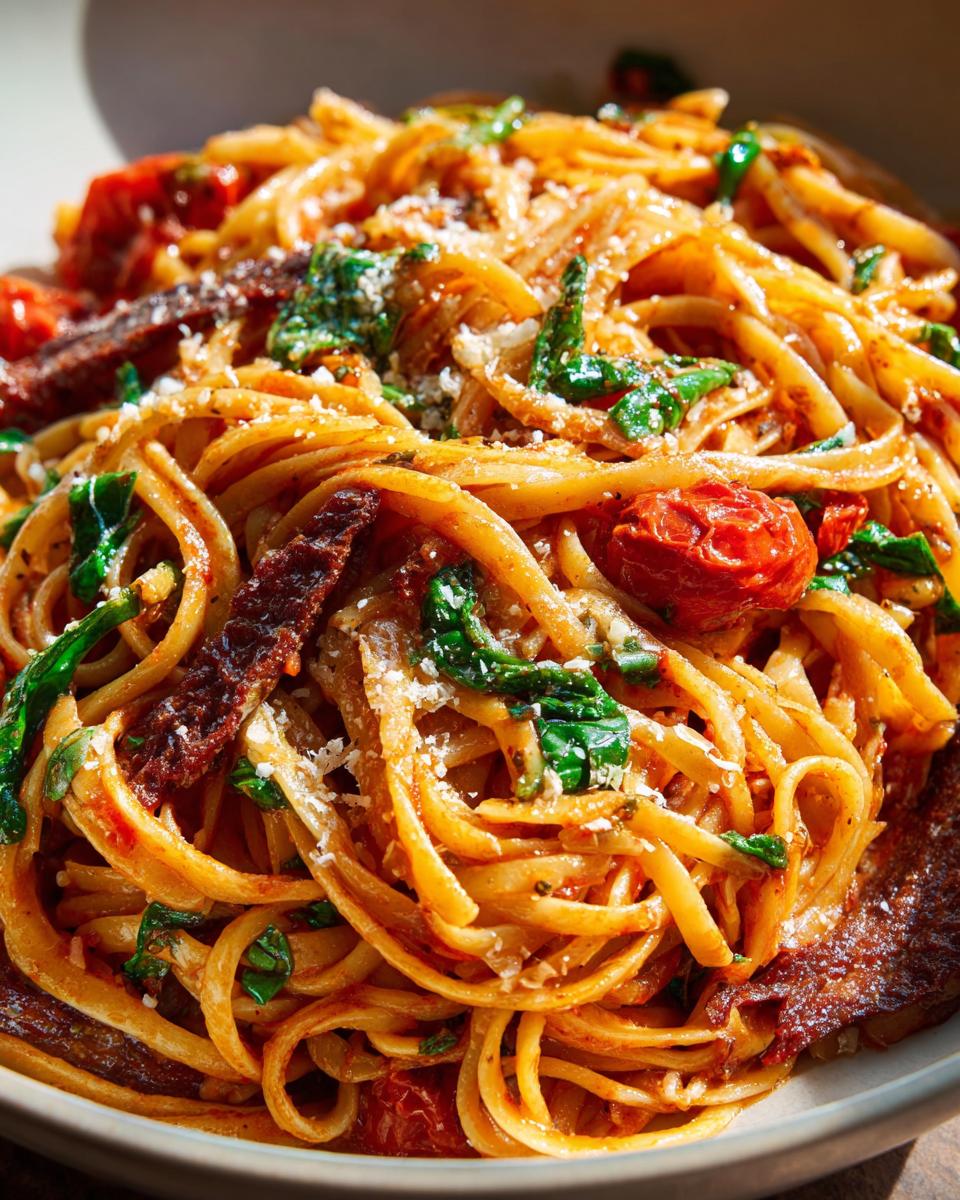 Close-up of linguine pasta tossed in a rich tomato sauce with sun-dried tomatoes, spinach, and grated cheese, part of 12-Ingredient Pasta Recipes.