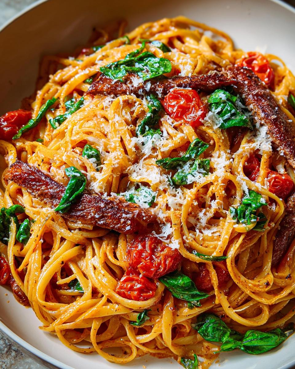 Close-up of a bowl of pasta featuring linguine coated in a creamy sauce, topped with roasted tomatoes, spinach, and grated cheese.