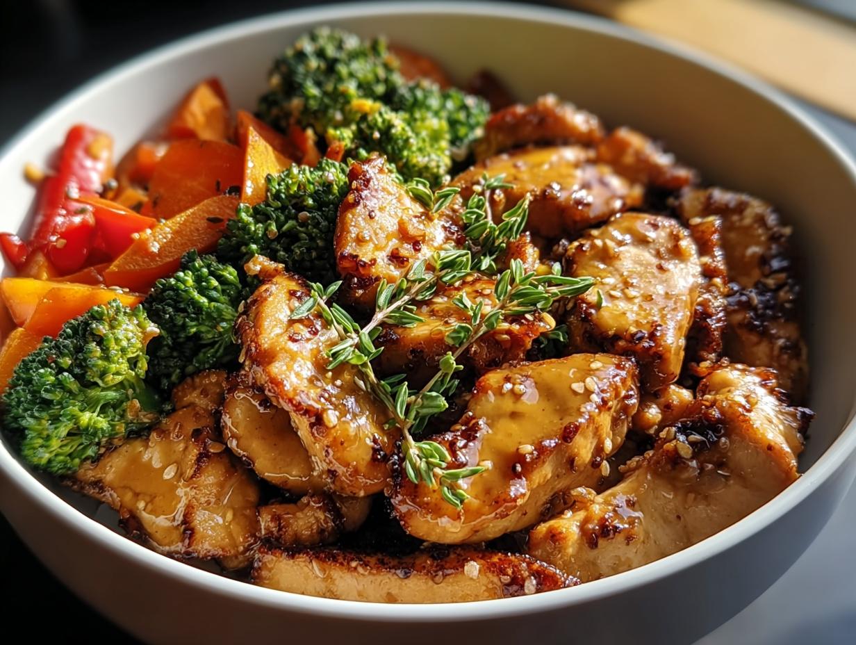 Close-up of glazed chicken pieces with broccoli and sweet potatoes, part of Healthy Meals Recipes in 20 Minutes.