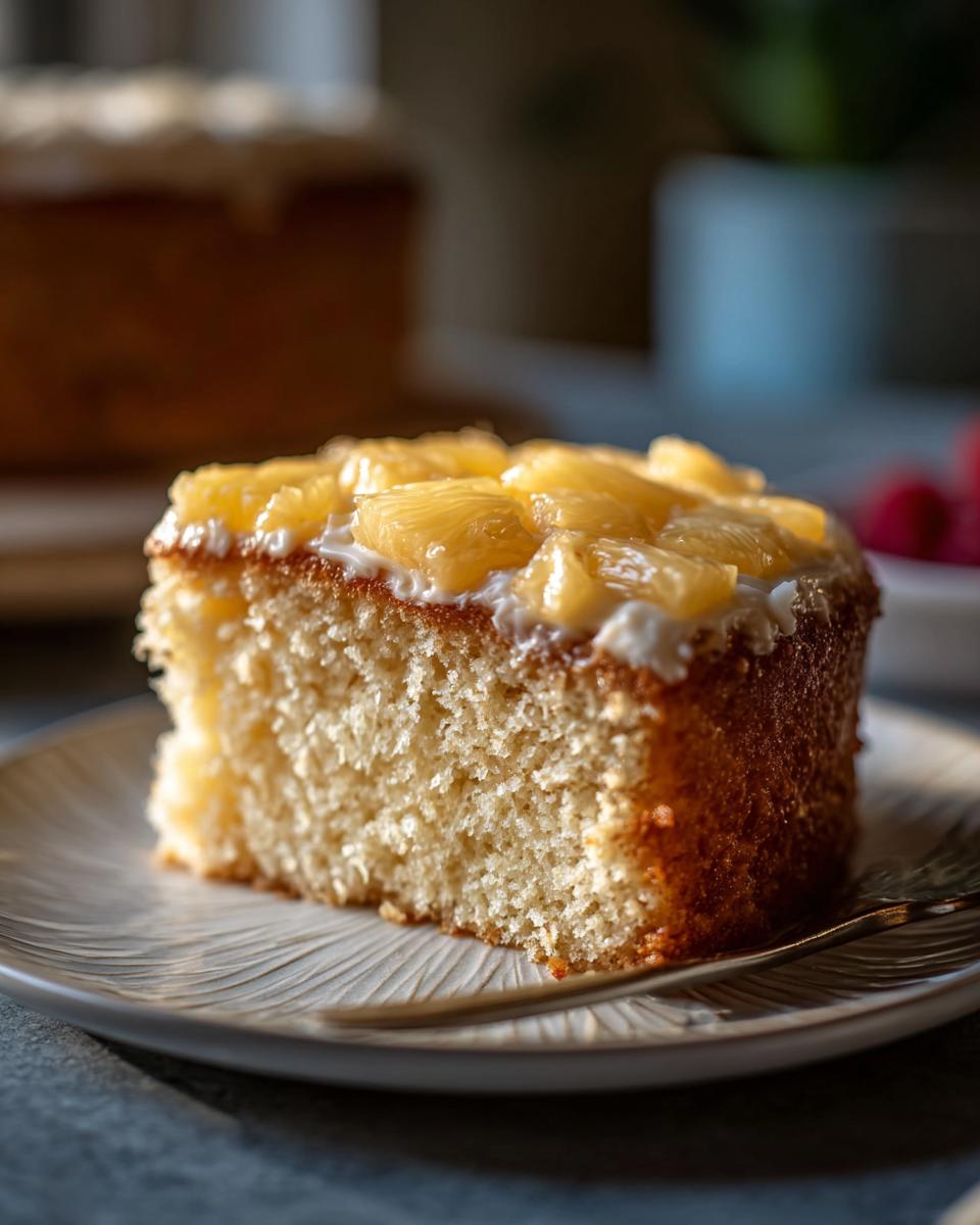 Close-up of a moist slice of cake, part of the 7-Ingredient Cake Ideas Recipes, topped with white frosting and chunks of pineapple.