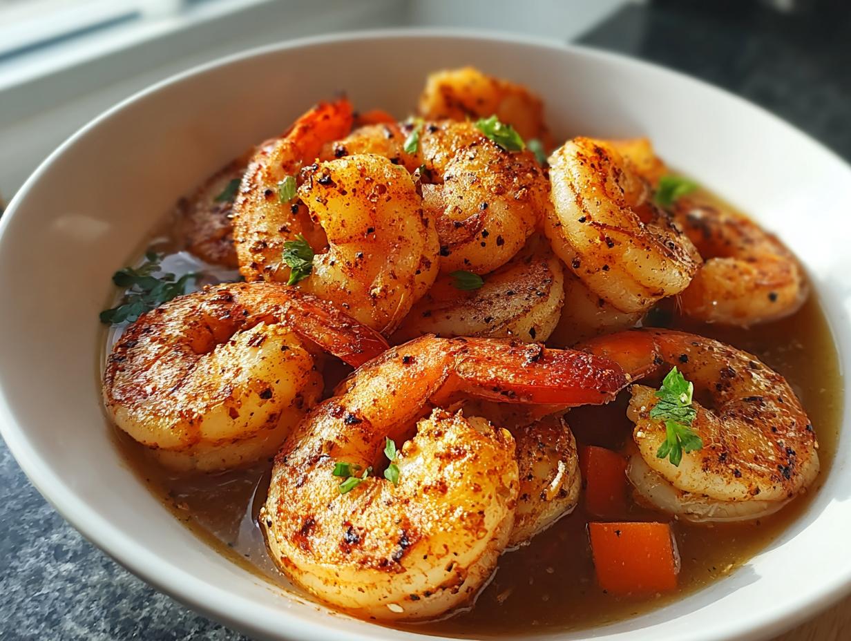 Close-up of seasoned, cooked shrimp served in a white bowl with broth and diced carrots, part of the Amazing 1-Pan Shrimp Recipes.