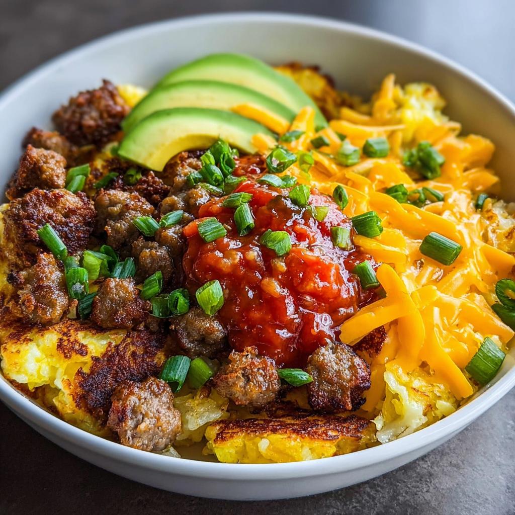 Close-up of a hearty breakfast bowl featuring hash browns, sausage, salsa, cheese, avocado, and green onions.