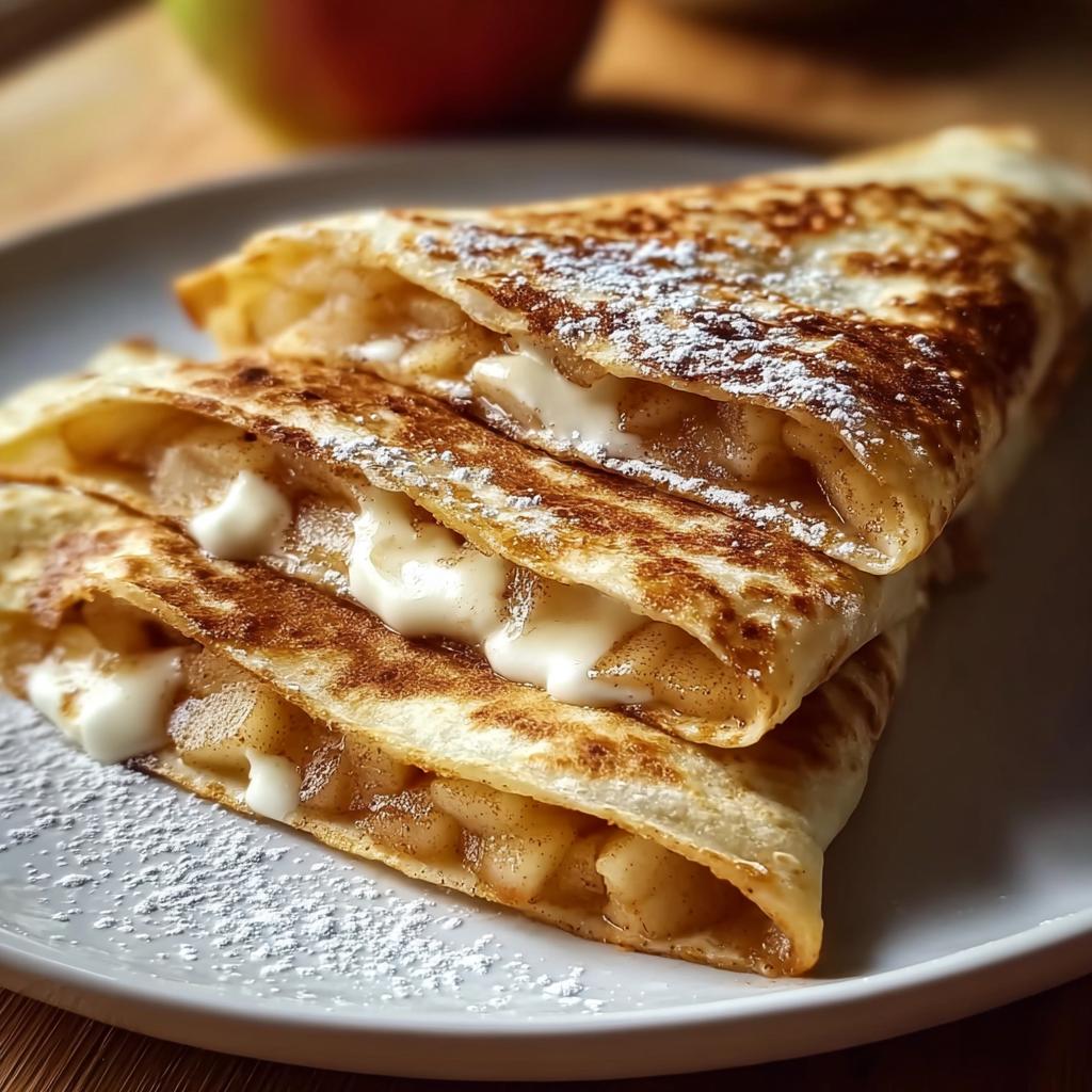 Close-up of folded crepes filled with spiced apples and cream cheese, dusted with powdered sugar, a great 10-Ingredient Breakfast Ideas recipe.