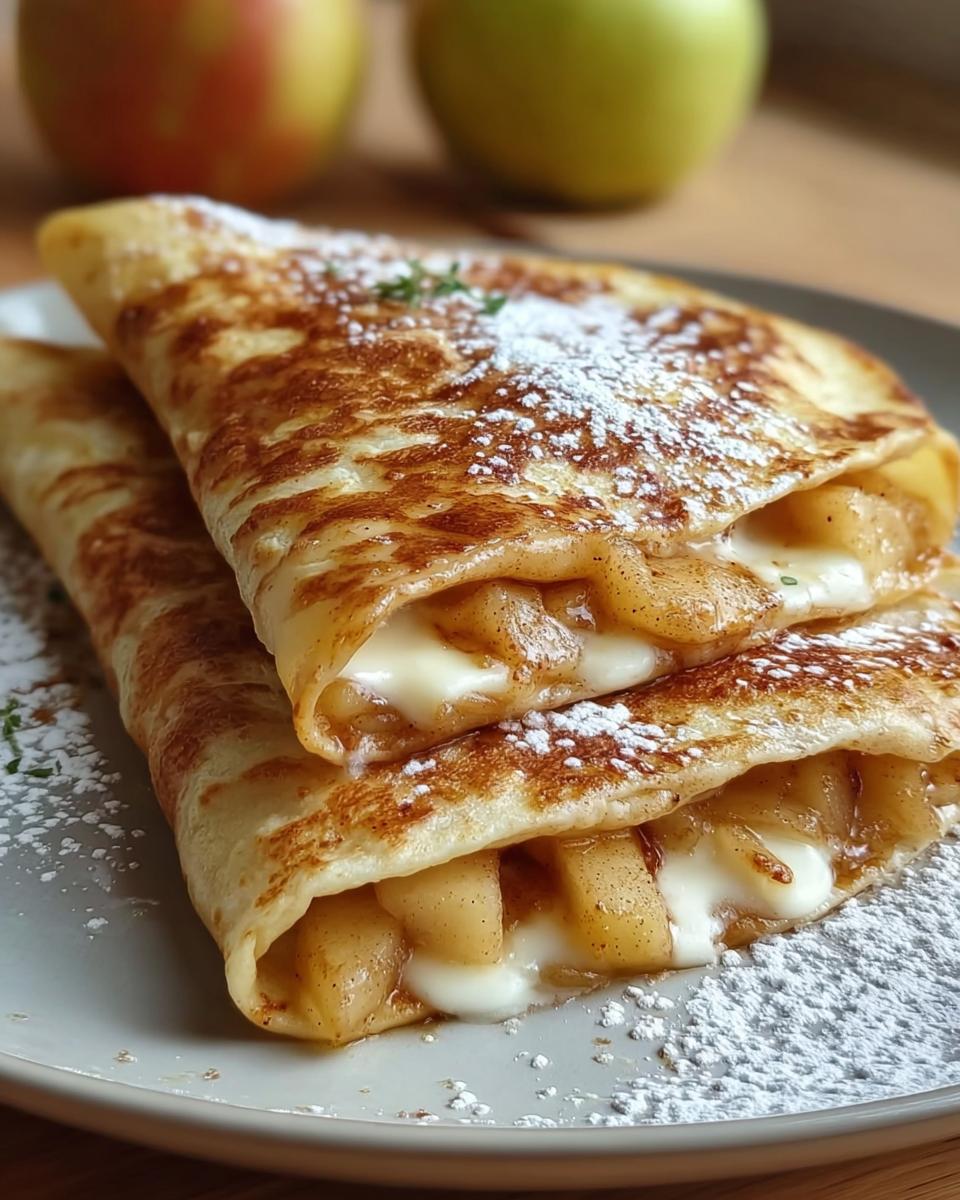 Two folded crepes filled with creamy cheese and spiced apples, dusted with powdered sugar, fitting 10-Ingredient Breakfast Ideas Recipes.