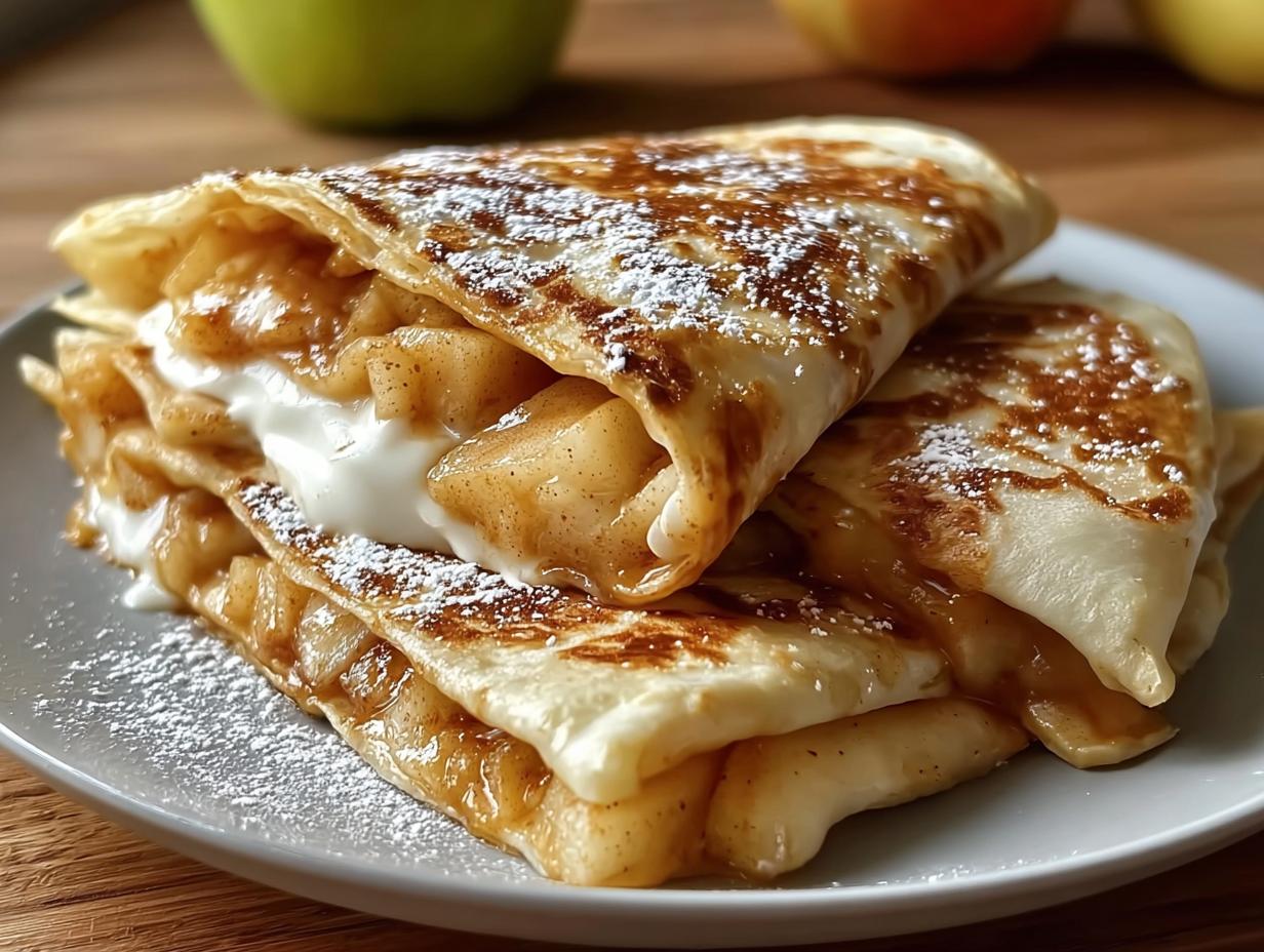 Two folded crepes filled with cinnamon apples and yogurt, dusted with powdered sugar, a great 10-Ingredient Breakfast Ideas Recipe.