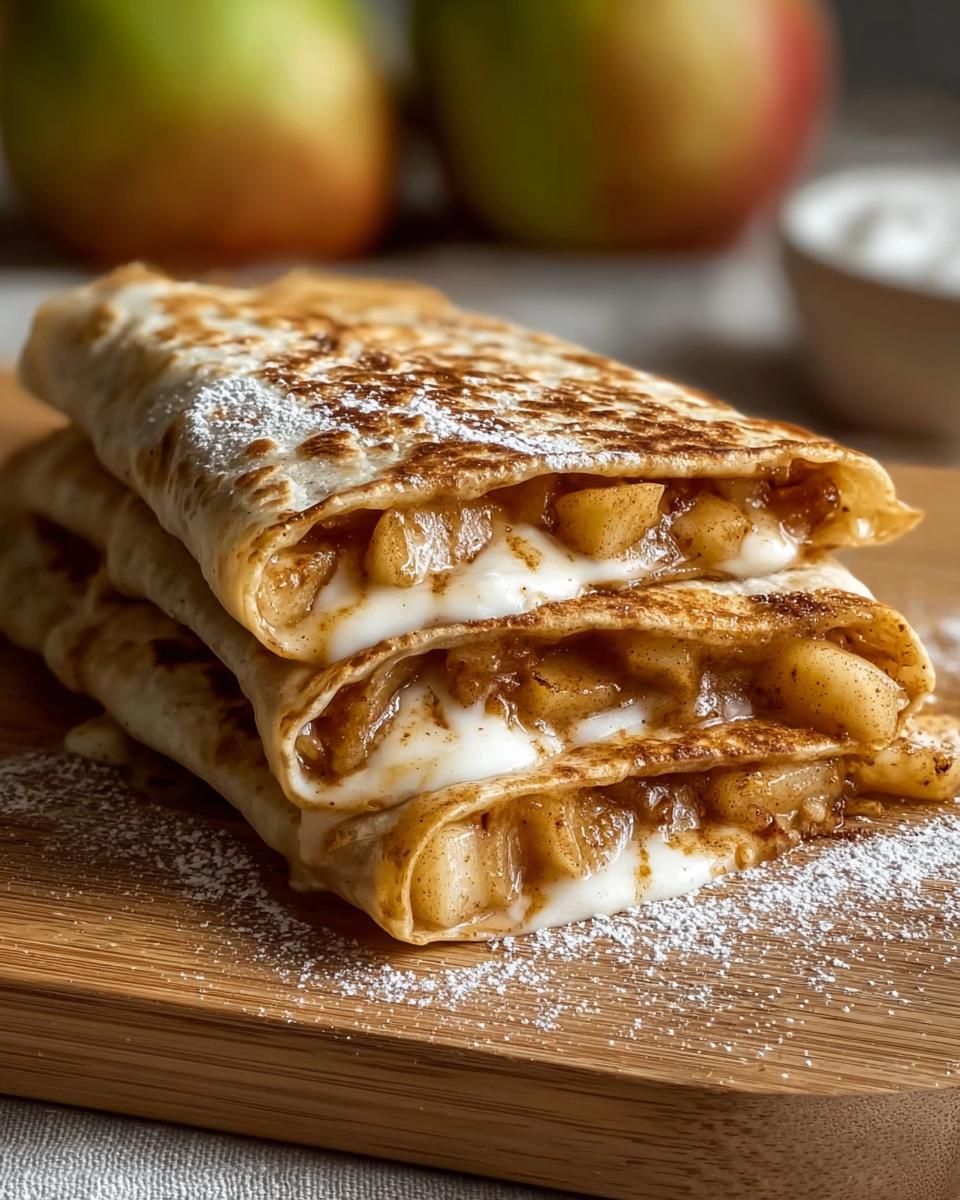 Stack of apple pie quesadillas filled with cinnamon apples and cream cheese, dusted with powdered sugar.