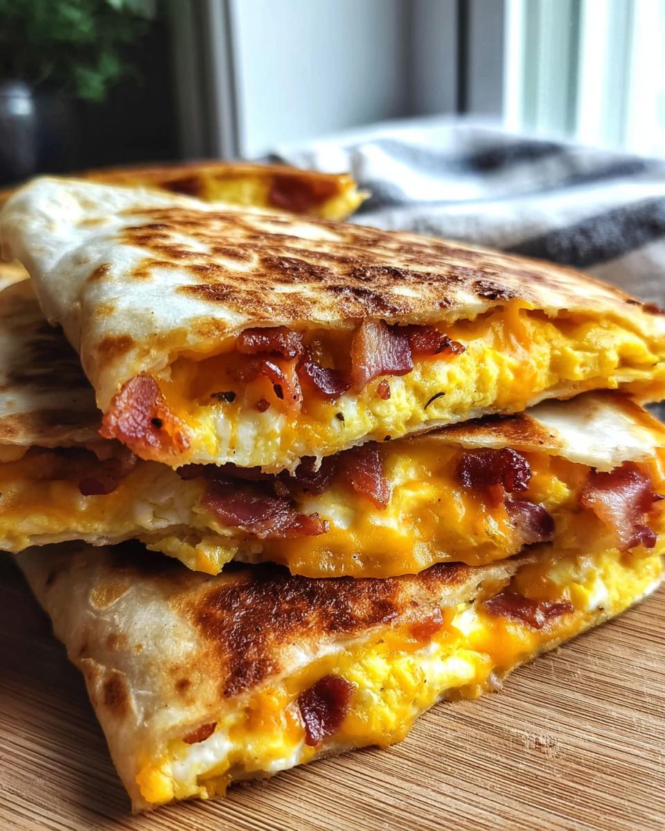 Close-up of stacked bacon and egg quesadillas, a perfect example of Breakfast Ideas Recipes in 20 Minutes.