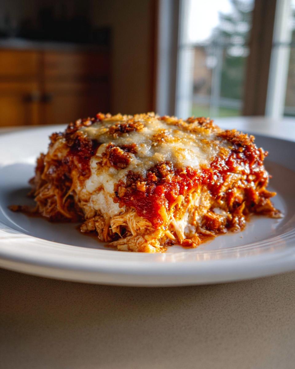 A serving of baked chicken casserole topped with melted cheese and tomato sauce, part of The Only Chicken Recipes Recipe You’ll Need.