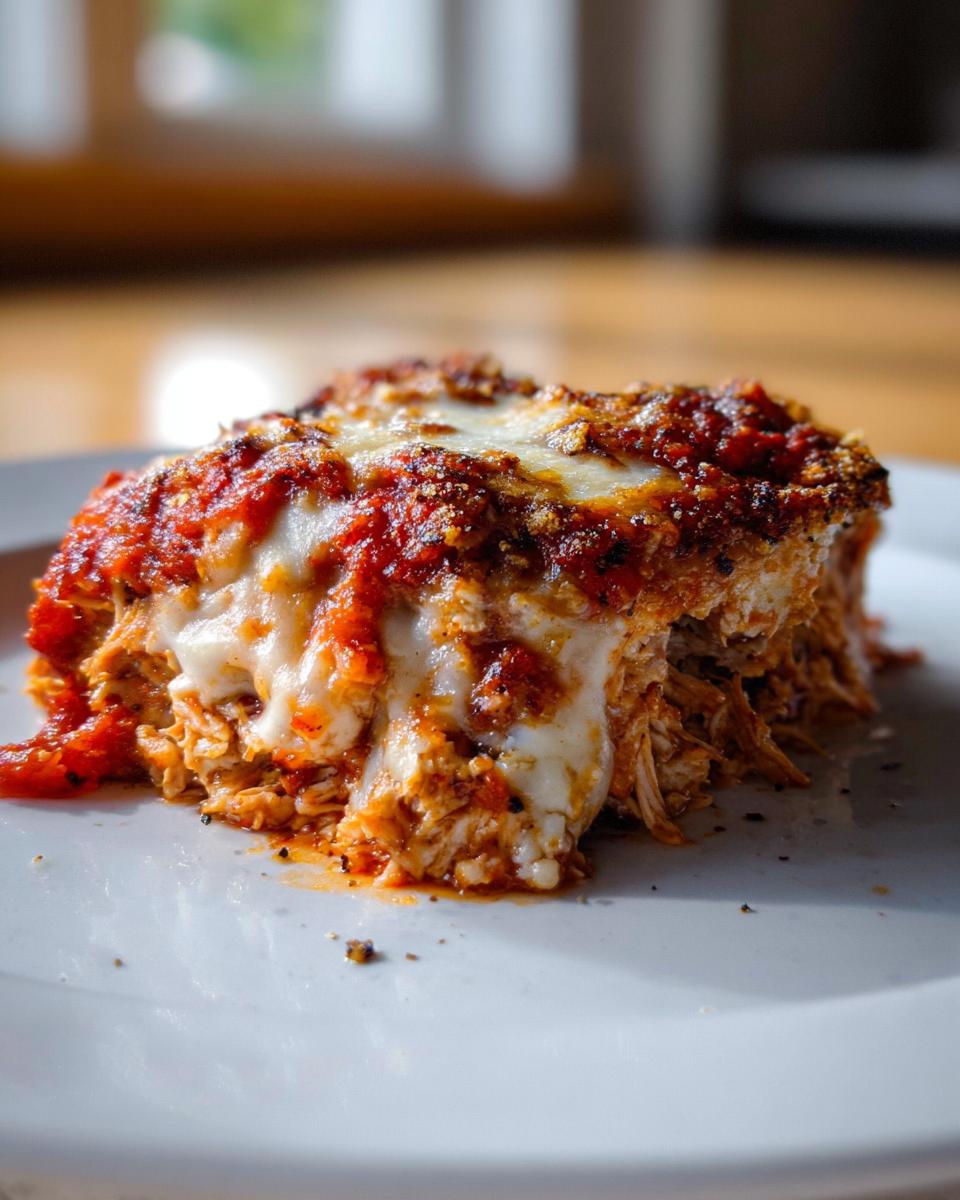A serving of baked chicken recipe topped with melted mozzarella and rich tomato sauce.