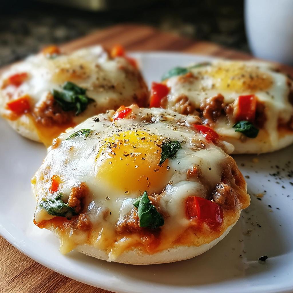 Three baked egg English muffin pizzas topped with sausage, cheese, and peppers, perfect for busy weeknights.