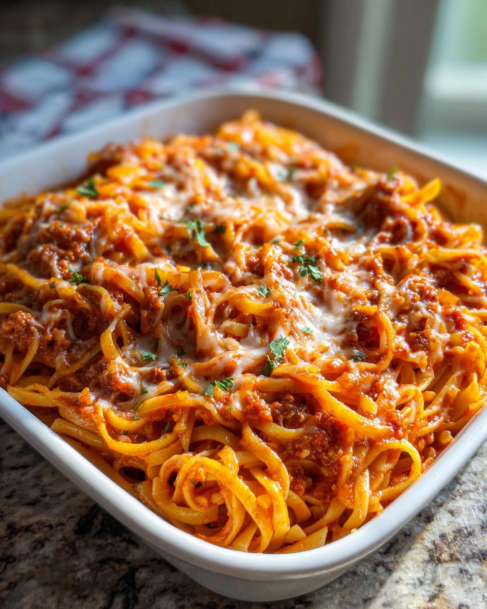 Close-up of a baked pasta recipes dish with rich tomato sauce and melted mozzarella cheese.