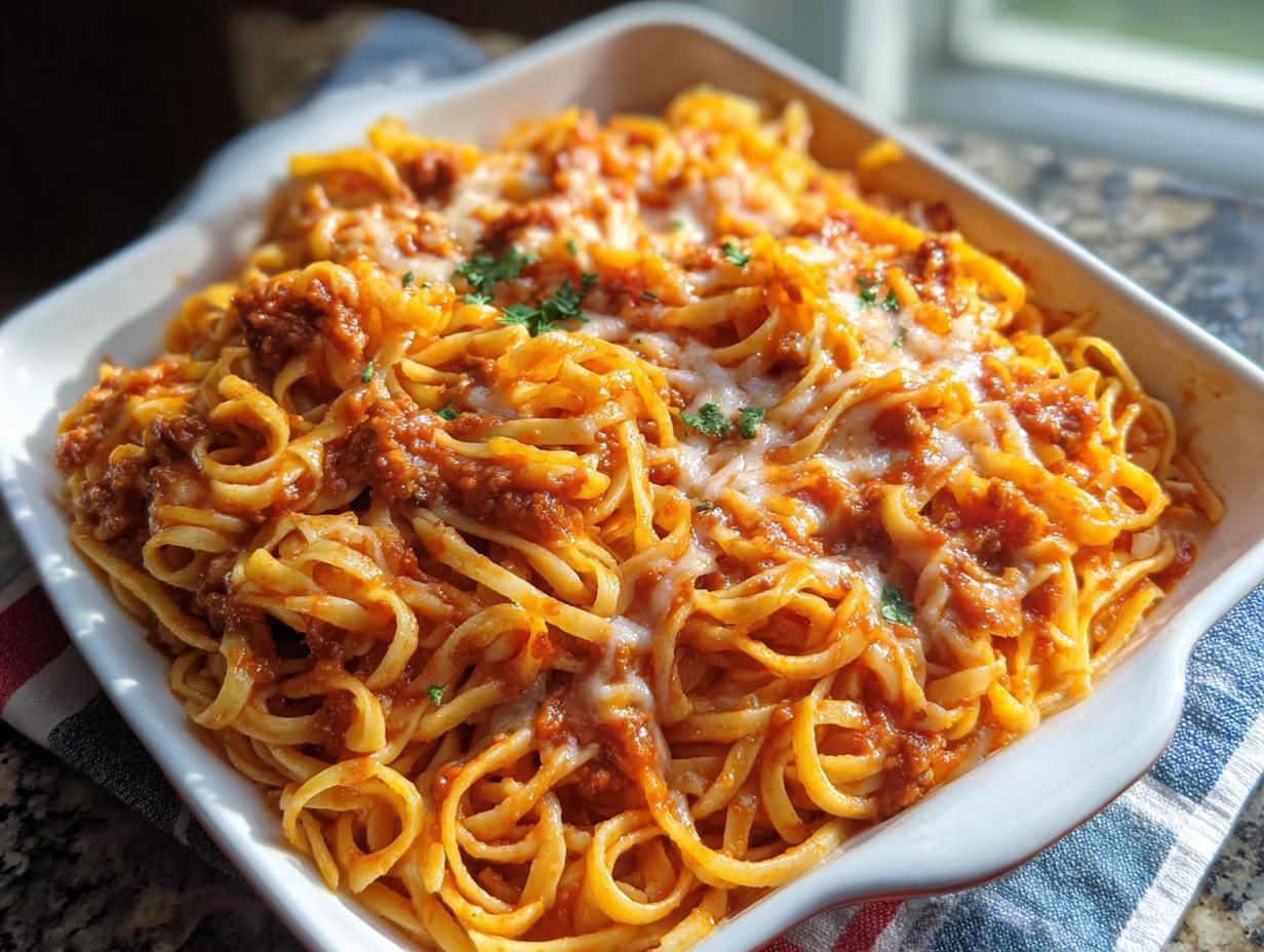 Close-up of baked pasta recipes featuring linguine tossed in meat sauce and topped with melted mozzarella cheese.