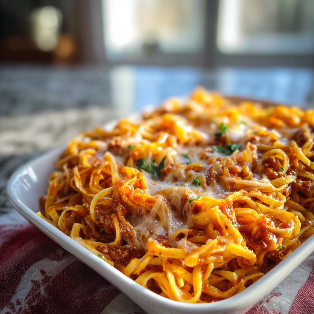 Close-up of baked pasta recipes topped with melted cheese and parsley in a white dish.