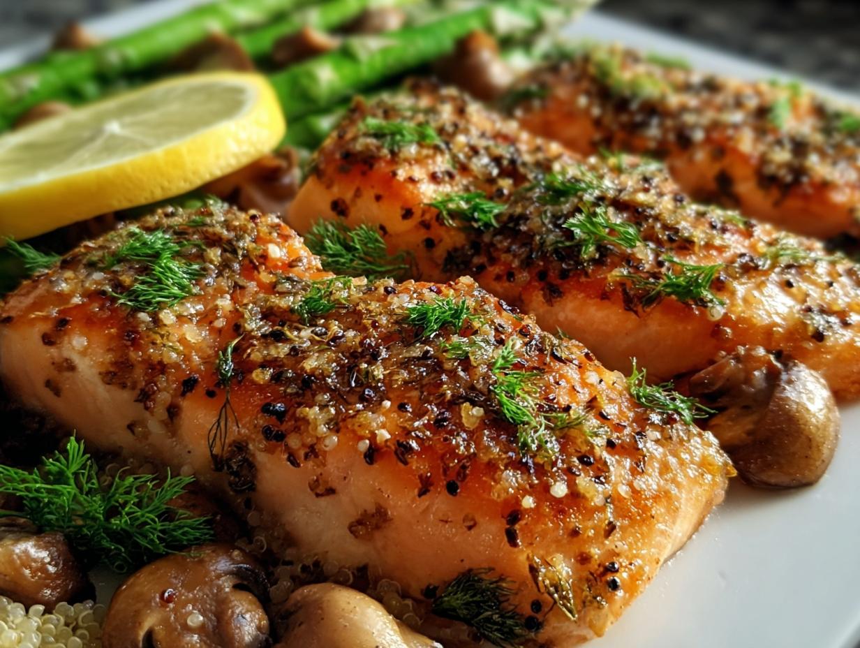 Close-up of baked salmon fillets topped with herbs and seasoning, served with asparagus and mushrooms, perfect for healthy meals recipes.