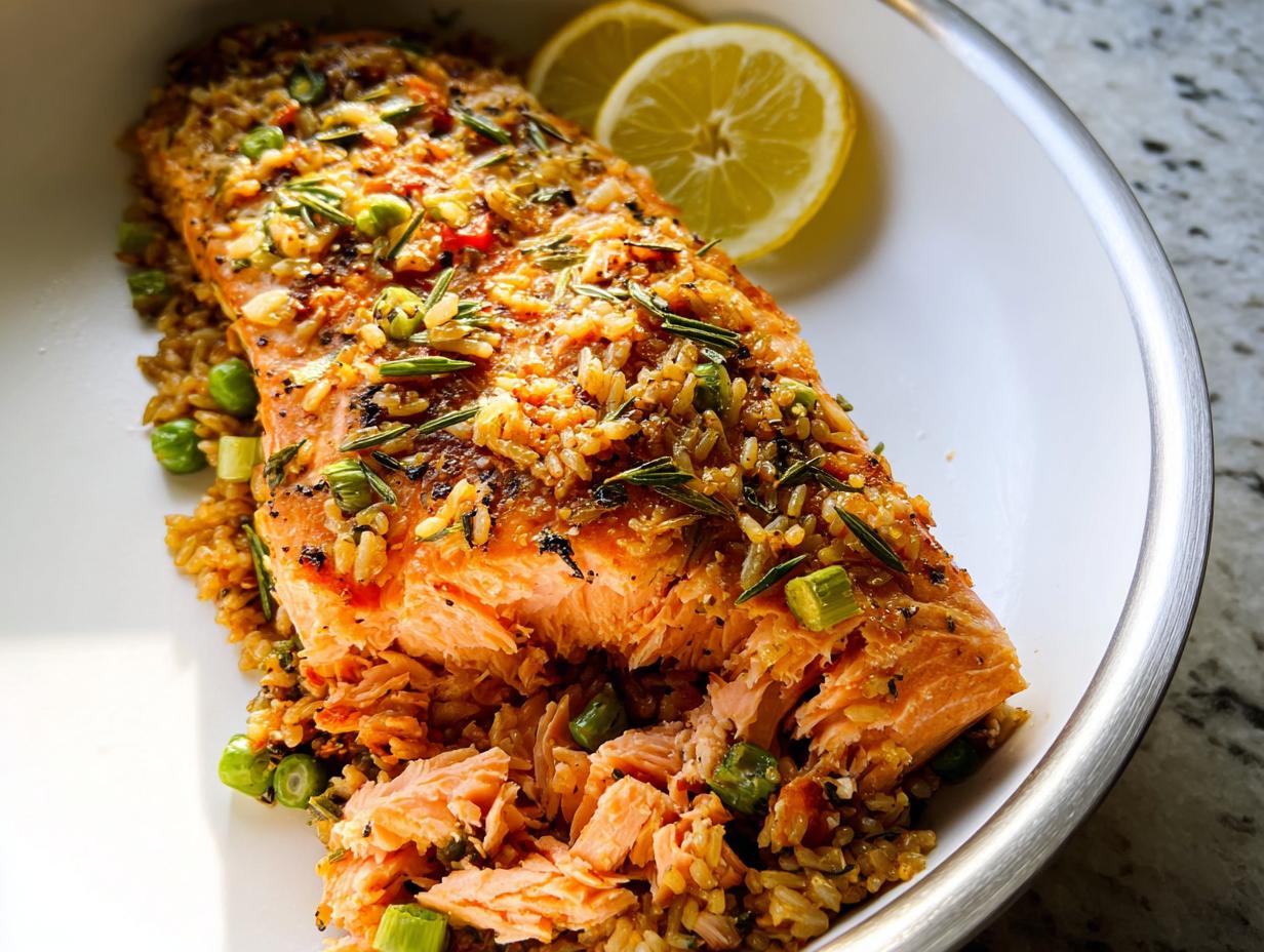 Flaky baked salmon served over brown rice with peas and herbs, a perfect example of Simple Low-Calorie Dinner Ideas.