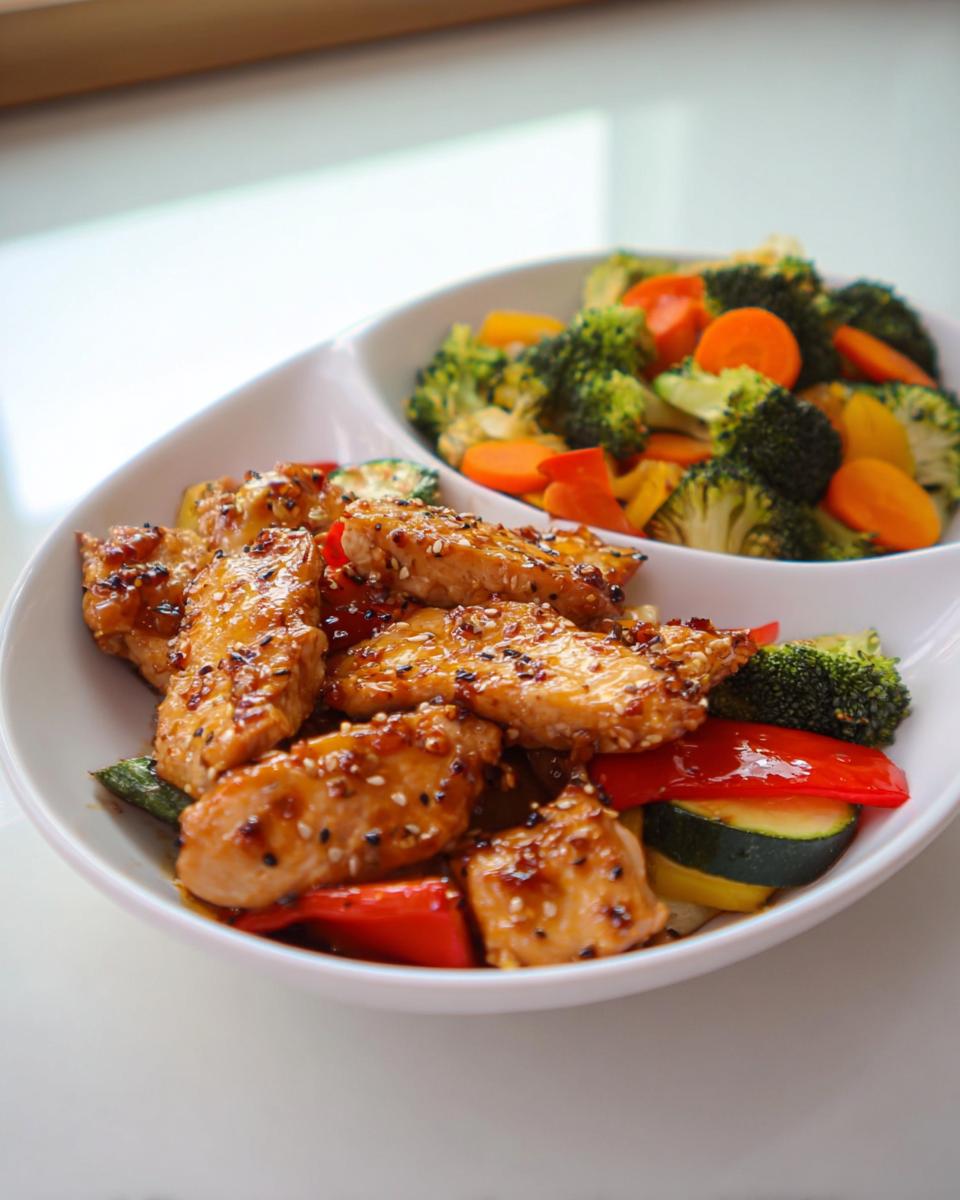 A white divided dish showing glazed chicken pieces and steamed vegetables for a Balanced Meals with Veggies, Protein & Flavor.