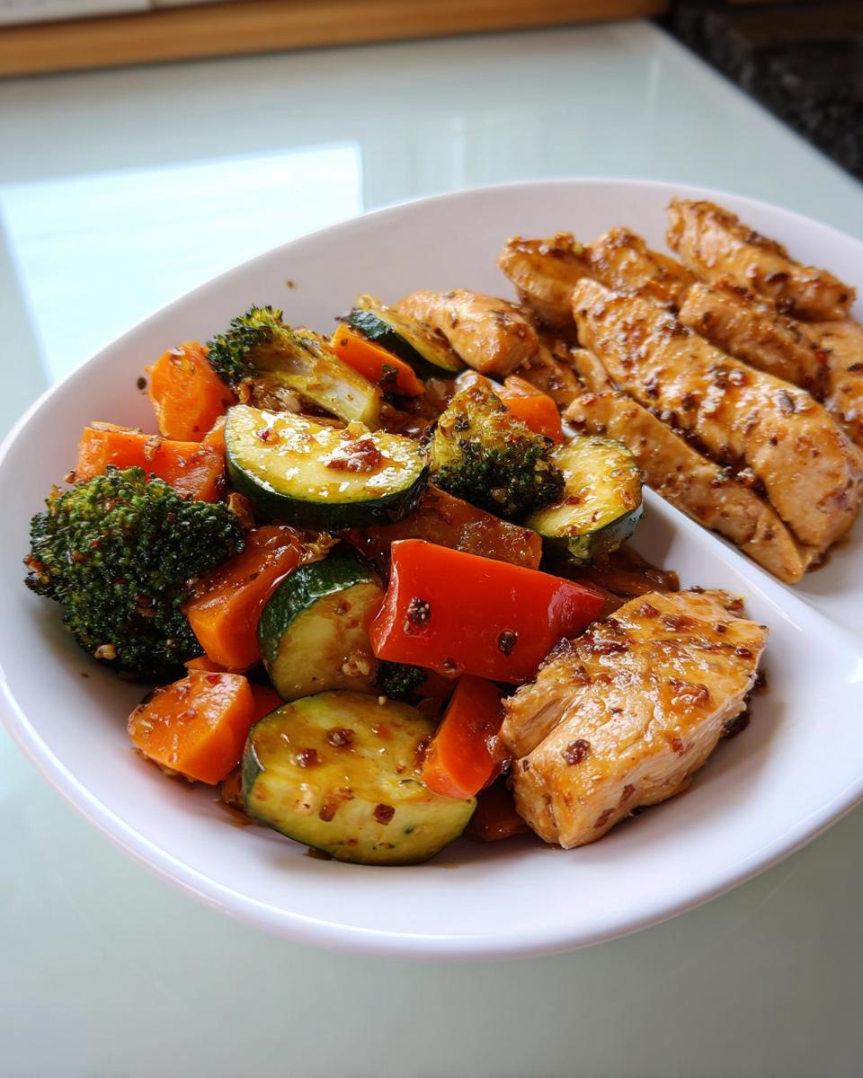 A plate featuring sliced, glazed chicken breast alongside sautéed vegetables like zucchini, carrots, broccoli, and red pepper, representing Balanced Meals with Veggies, Protein & Flavor.