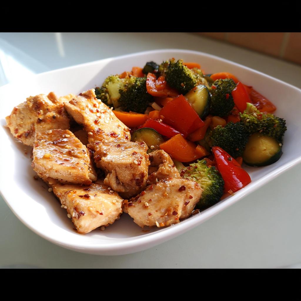 Plate featuring glazed protein pieces alongside stir-fried broccoli, peppers, and zucchini for Balanced Meals with Veggies.