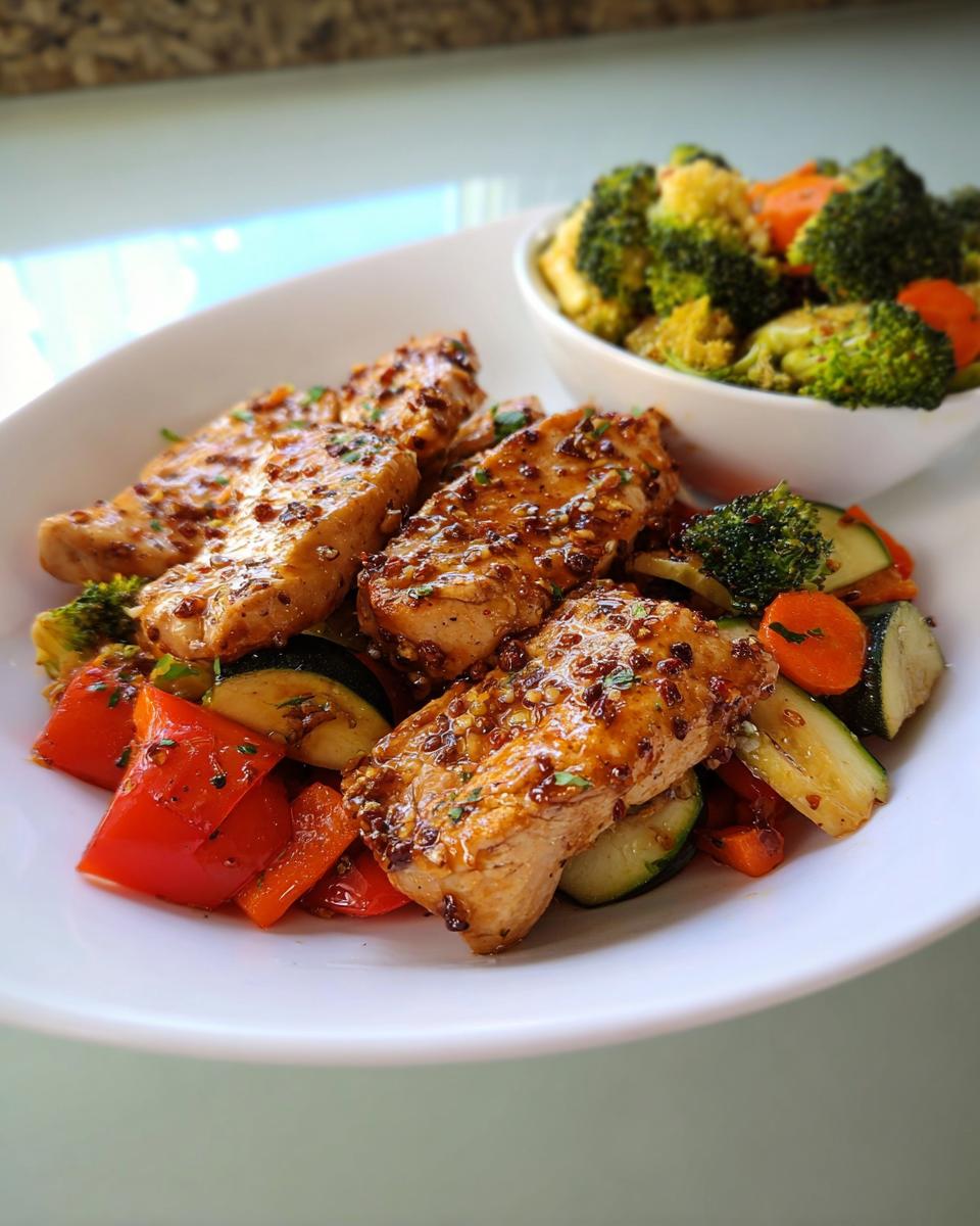 Glazed chicken tenders served over sautéed vegetables, illustrating Balanced Meals with Veggies, Protein & Flavor.