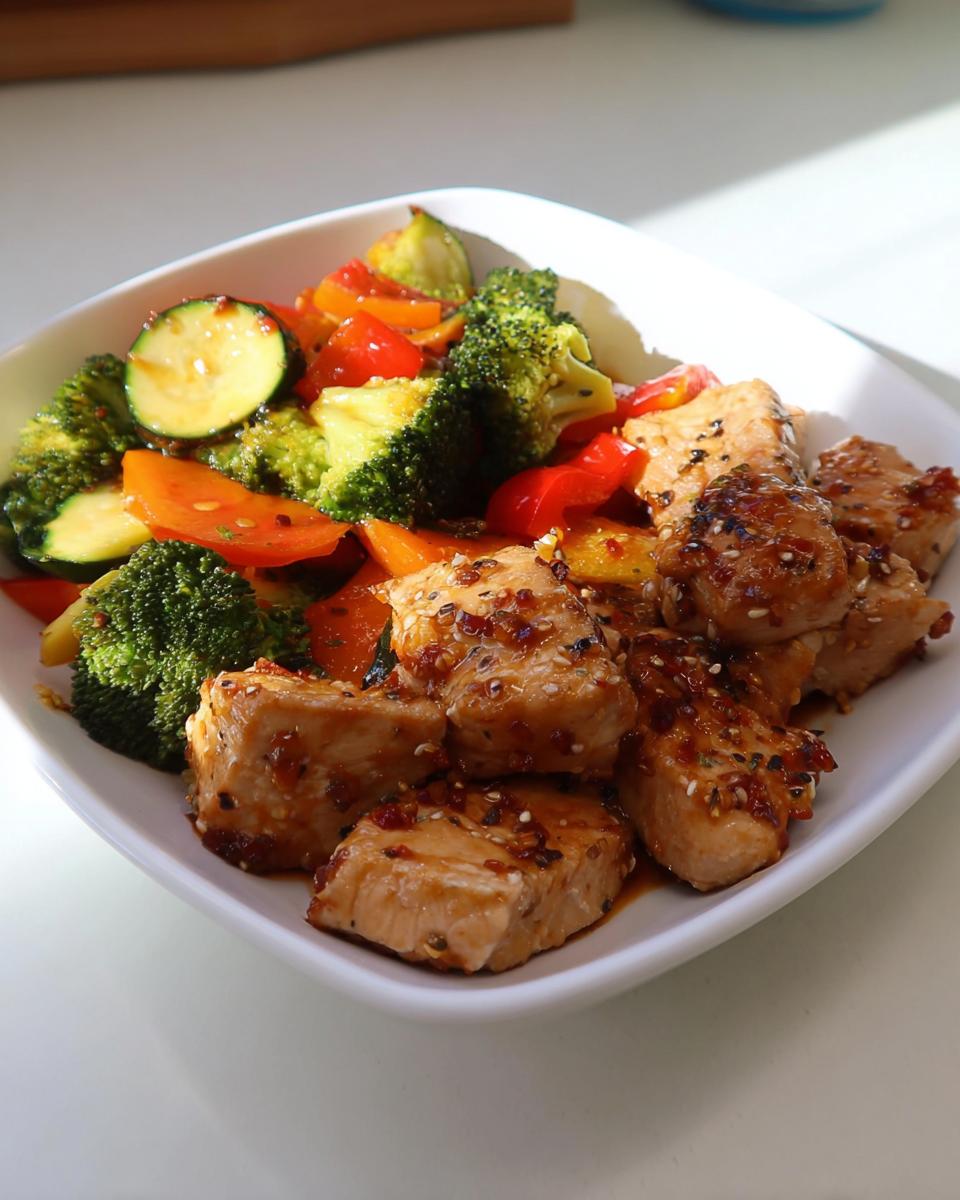 Plate of glazed protein cubes served with stir-fried broccoli, zucchini, and peppers, illustrating Balanced Meals with Veggies, Protein & Flavor.