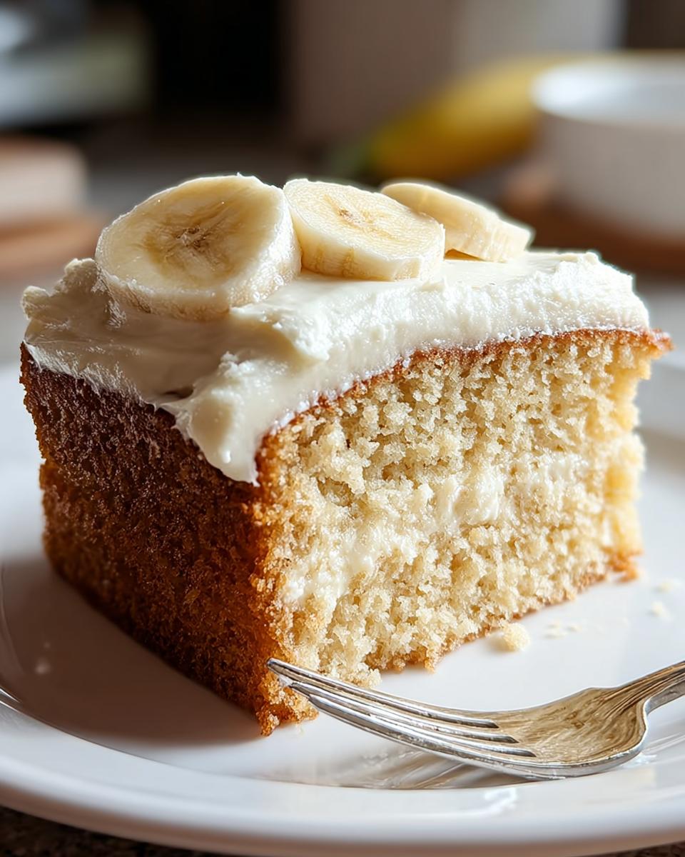 Close-up of a moist slice of banana cake topped with cream cheese frosting and fresh banana slices, perfect for meal prep.