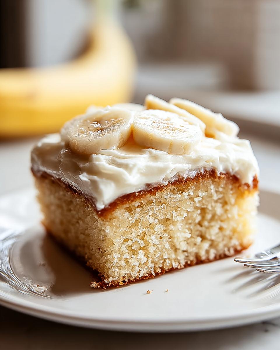 A square slice of moist banana cake topped with thick white frosting and fresh banana slices, perfect for Cake Ideas Recipes Meal Prep.