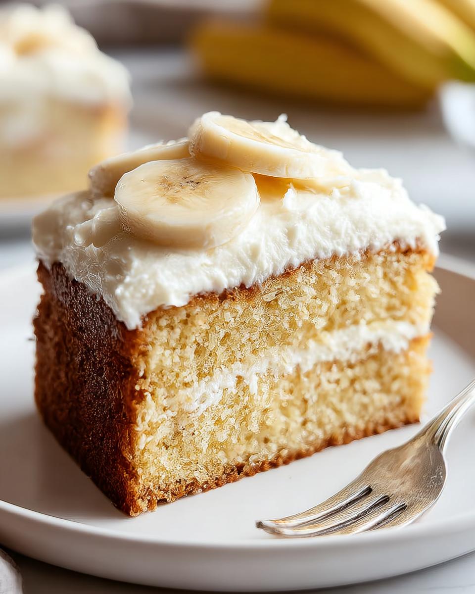 Close-up of a slice of banana cake with cream cheese frosting and fresh banana slices, a great cake ideas recipe for meal prep.