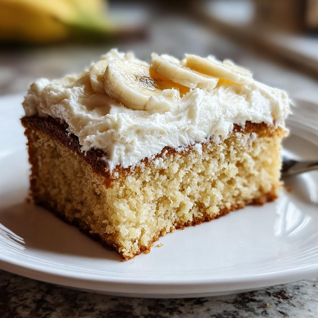 A square slice of moist banana cake topped with thick white frosting and fresh banana slices, perfect for cake ideas recipes meal prep.