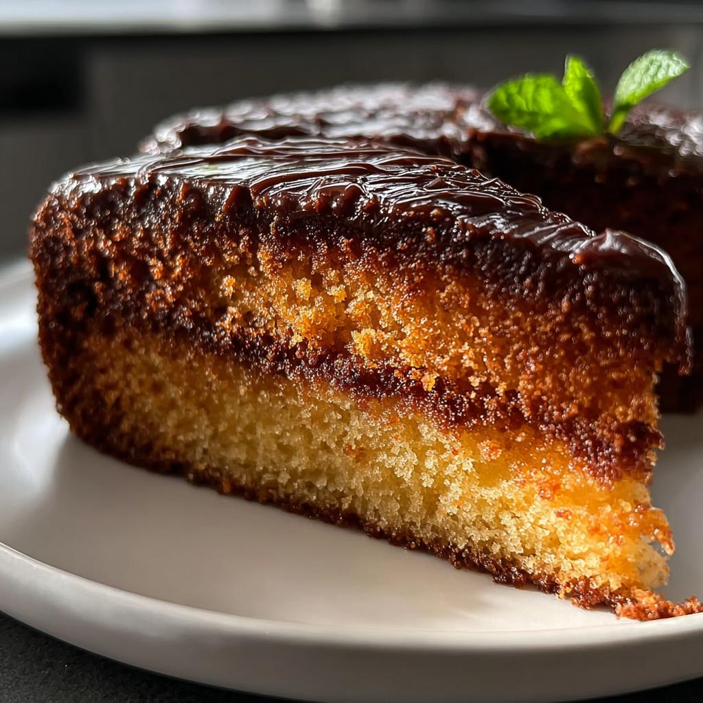 Close-up of a slice of moist yellow cake with a dark chocolate glaze, part of The Ultimate Cake Ideas Recipes Guide for Beginners.