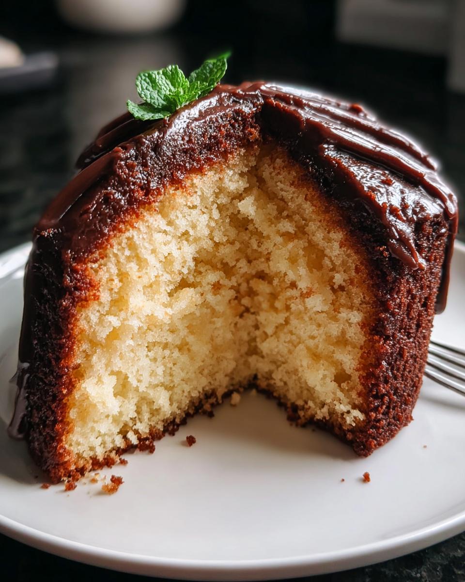 Close-up of a slice of moist vanilla cake with rich chocolate glaze, garnished with mint, perfect for The Ultimate Cake Ideas Recipes Guide for Beginners.