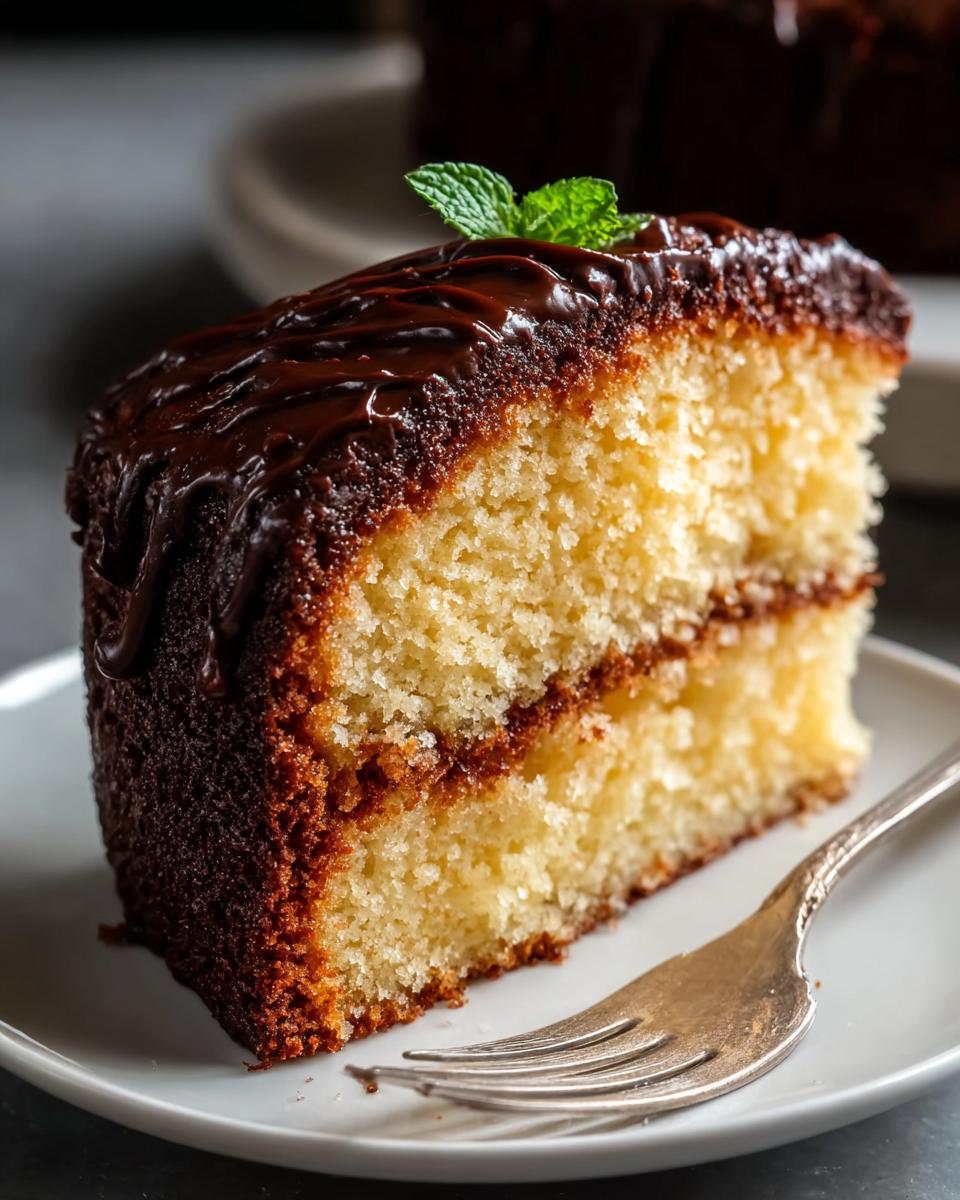 A slice of moist vanilla cake with chocolate glaze, garnished with mint, perfect for The Ultimate Cake Ideas Recipes Guide for Beginners.