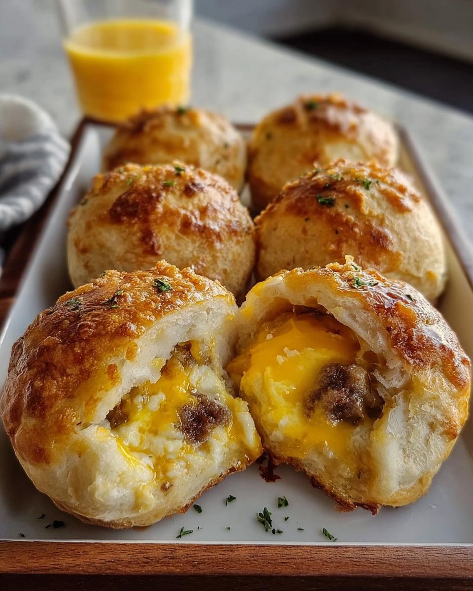 Close-up of a baked breakfast roll cut in half, revealing melted cheese, scrambled egg, and sausage filling. Great for The Ultimate Breakfast Ideas Recipes Guide.