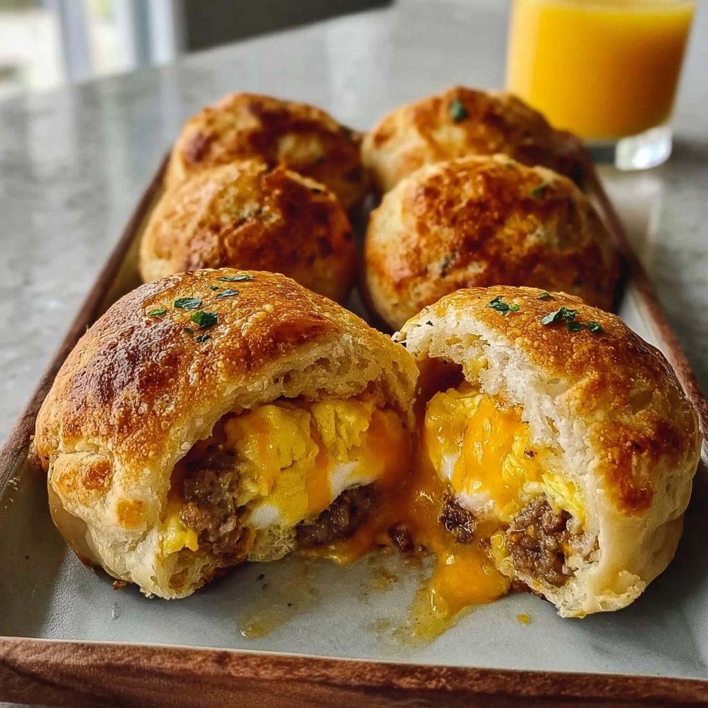 Close-up of a baked breakfast pastry cut open, revealing runny egg yolk, sausage, and golden crust. Part of The Ultimate Breakfast Ideas Recipes Guide.