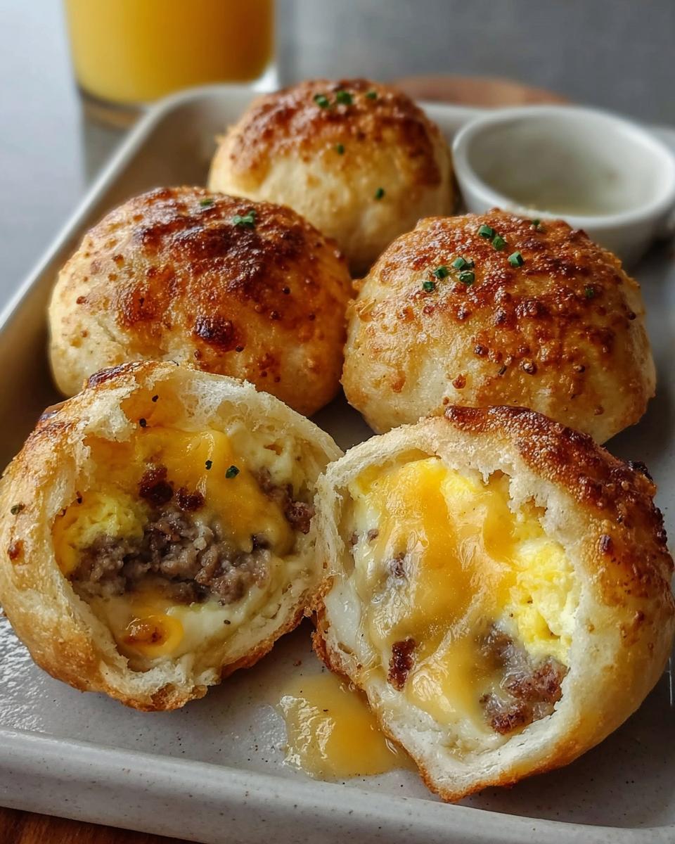 Close-up of a breakfast bomb cut open, showing scrambled eggs, sausage, and melted cheese, part of The Ultimate Breakfast Ideas Recipes Guide.